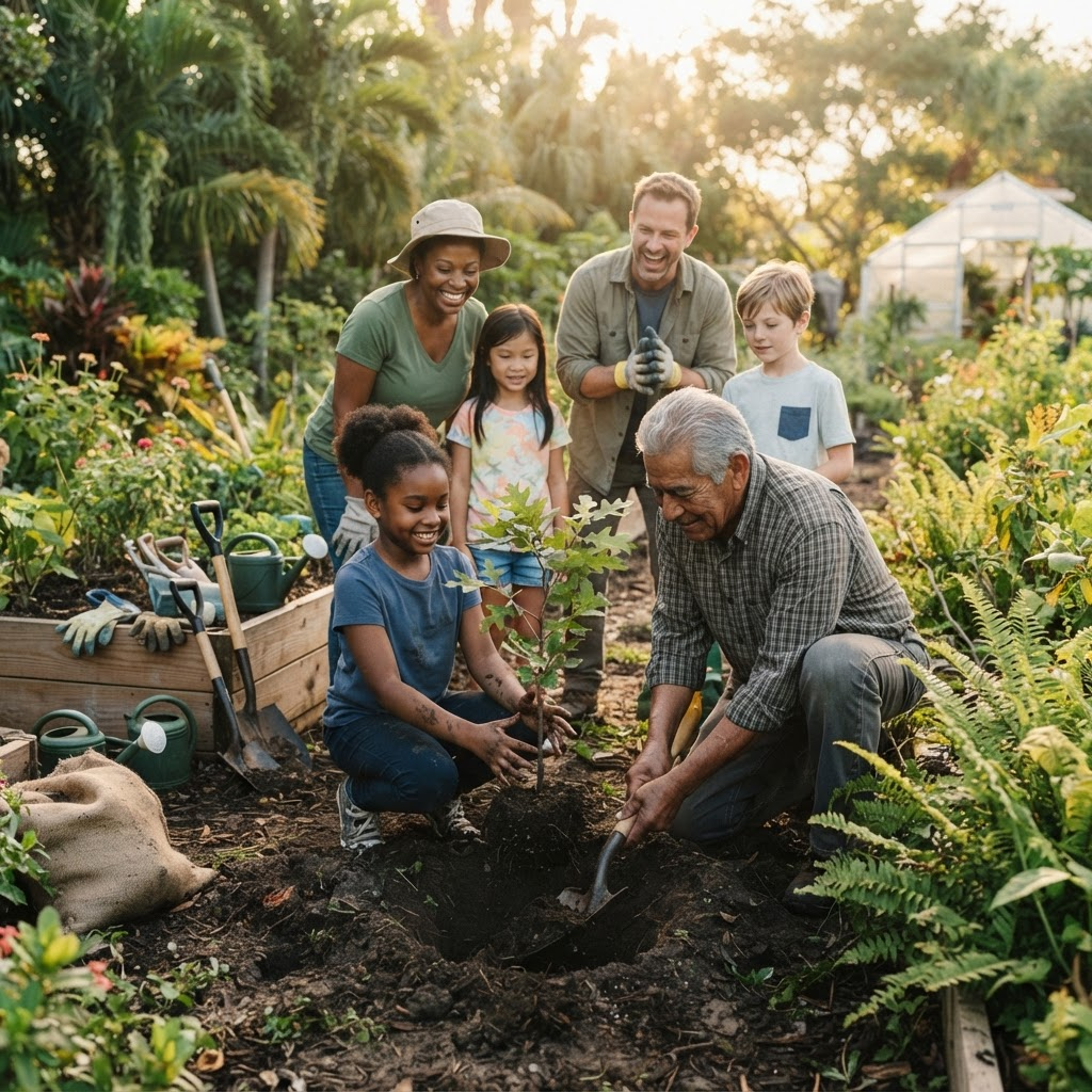 Multigenerational community members planting a young tree